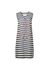 Anchor Embroidered Linen Dress Navy White by Ancient Kallos | Striped Linen Blend Dress