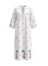 Blue Opal Long Sleeve Caftan White/Monkey Embroidery