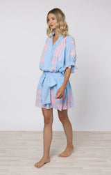 Blouson Dress Butterfly Embroidery Blue/Neon Pink