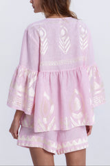 Blouses Greek Archaic Kori Feather Bell Sleeve Top Pink/Champagne Apoella