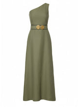 Dresses Ancient Kallos Ino One Shoulder Linen Midi Dress Gold Buckles Olive Green Apoella