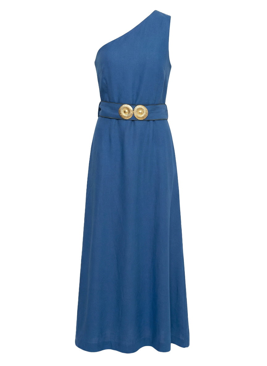 Ino One Shoulder Linen Midi Dress W. Gold Buckles Greek Blue – APOELLA