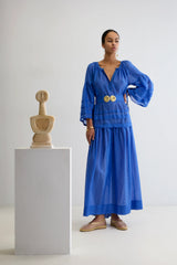 Dresses Ancient Kallos Mykonos Silk Cotton Long Dress W. Golden Buckles & Tassels Greek Blue O/S / Blue Apoella