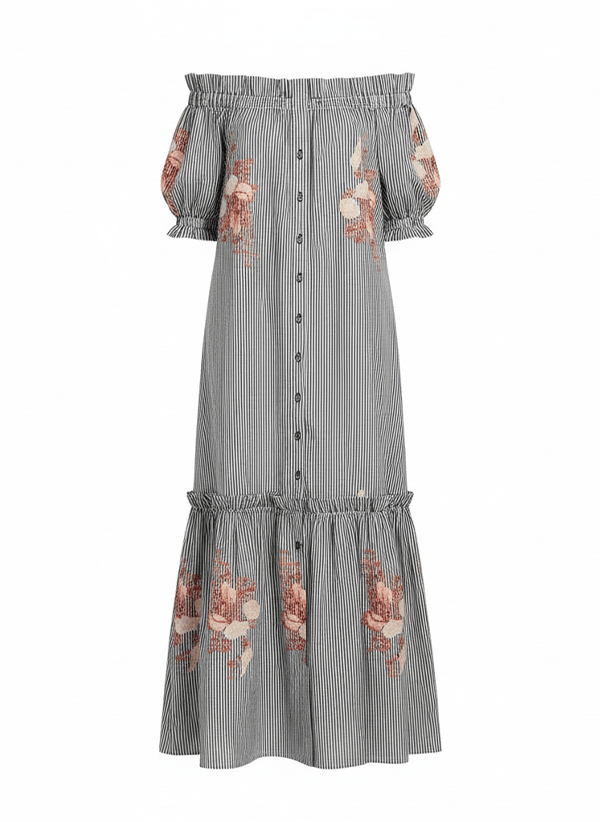 Ira Off Shoulder Maxi Dress Blue/Red/White Stripes  APOELLA