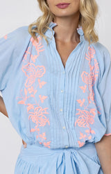 Dresses Juliet Dunn Blouson Dress Butterfly Embroidery Blue/Neon Pink Apoella