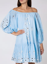 Dresses Juliet Dunn Boho Short Dress W. Tonal Block Print & Paillete Embroidery Blue Tonal 1 / Blue Apoella