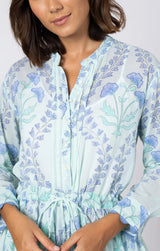 Dresses Juliet Dunn Long Sleeve Beach Dress Ginkgo Print & Ric Rac Aqua/blue Apoella