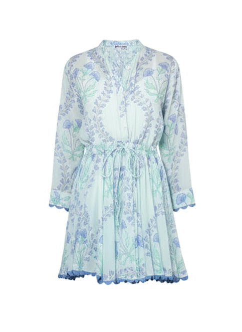 Long Sleeve Beach Dress Ginkgo Print & Ric Rac Aqua/Blue APOELLA Long Sleeve Beach Dress Ginkgo Print & Ric Rac Aqua/Blue APOELLA