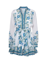 Dresses Juliet Dunn Long Sleeve Godet Dress Rose Border Print White/Blue/Aqua Apoella