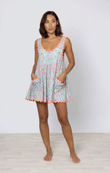 Dresses Juliet Dunn Low Back Dress Ditzy Block Print With Ric Rac Aqua/Neon Red ONE SIZE / Aqua Neon Red Apoella