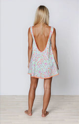 Dresses Juliet Dunn Low Back Dress Ditzy Block Print With Ric Rac Aqua/Neon Red ONE SIZE / Aqua Neon Red Apoella