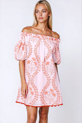 Dresses Juliet Dunn Off-shoulder Mini Dress Ginkgo Block Print & Ric Rac Pale Pink/Red Apoella