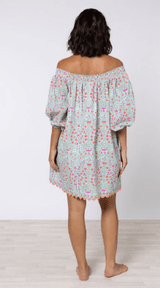 Dresses Juliet Dunn Shirred Boho Dress Ditzy Print With Ric Rac Aqua/Neon Red ONE SIZE / Color Apoella