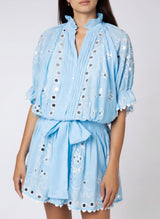 Dresses Juliet Dunn Short Blouson Dress W. Tonal Block Print & Paillete Embroidery Blue Tonal Apoella