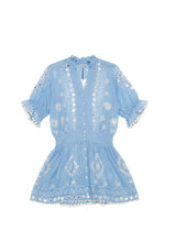 Dresses Juliet Dunn Short Blouson Dress W. Tonal Block Print & Paillete Embroidery Blue Tonal Apoella