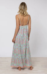 Dresses Juliet Dunn Square Neck Maxi Dress Ditzy Print W Ric Rac Aqua/Neon Red Apoella