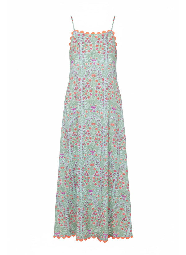 Square Neck Maxi Dress Ditzy Print W Ric Rac Aqua/Neon Red – APOELLA