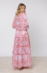 Dresses Juliet Dunn V-neck Loose Maxi Dress Ginkgo Print & Ric Rac Pale Pink/Red Apoella