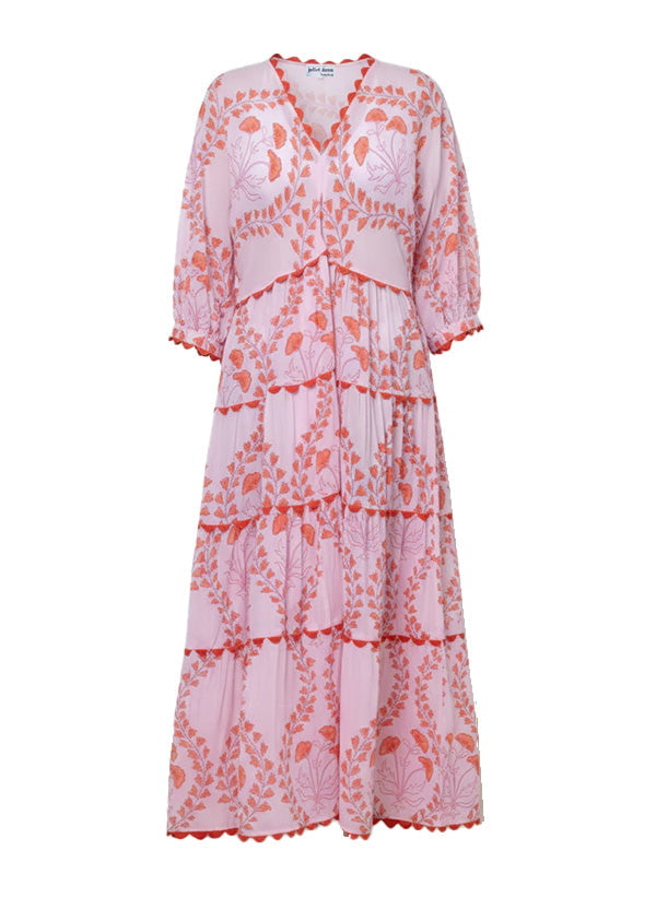 V-neck Loose Maxi Dress Ginkgo Print & Ric Rac Pale Pink/Red – APOELLA