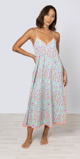 Dresses Juliet Dunn V-neck Slip Dress Ditzy Print With Ric Rac Aqua/Neon Red Apoella