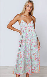 Dresses Juliet Dunn V-neck Slip Dress Ditzy Print With Ric Rac Aqua/Neon Red Apoella