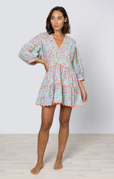 Dresses Juliet Dunn V-neck Tiered Mini Dress In Ditzy Print With Ric Rac Aqua/Neon Red Apoella
