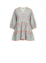 Dresses Juliet Dunn V-neck Tiered Mini Dress In Ditzy Print With Ric Rac Aqua/Neon Red Apoella