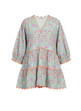 Dresses Juliet Dunn V-neck Tiered Mini Dress In Ditzy Print With Ric Rac Aqua/Neon Red Apoella