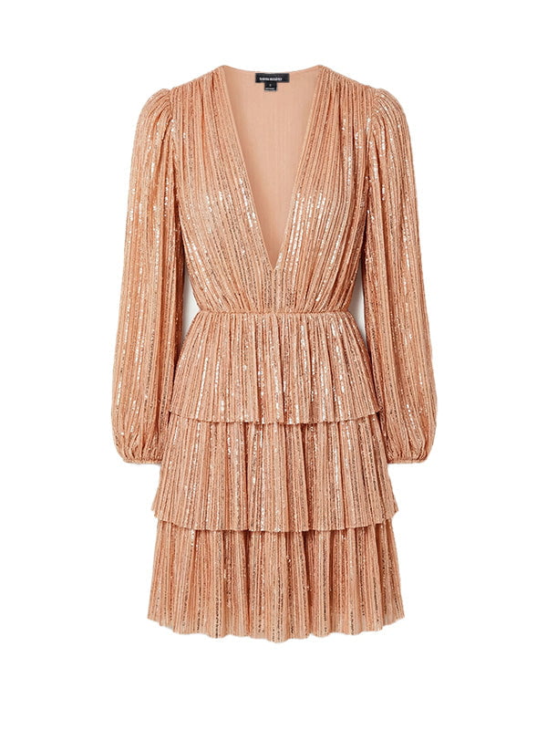 Mina Long Sleeve Short Dress Peach Metallic - Sabina Musayev