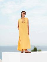 Dresses Zeus n Dione Achivada Sleeveless Embroidered Linen Caftan Yellow Apoella