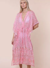 Kimono Juliet Dunn Kimono In Mosaic Print With Mirror Embroidery Candy ONE SIZE / Pink Apoella