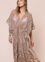 Kimono Juliet Dunn Kimono In Mosaic Print With Mirror Embroidery Mocha ONE SIZE / Brown Apoella