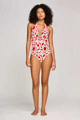 One-Piece Heidi Klein Evia Rectangle Halterneck One Piece Floral White/Red M / Floral White Red Apoella