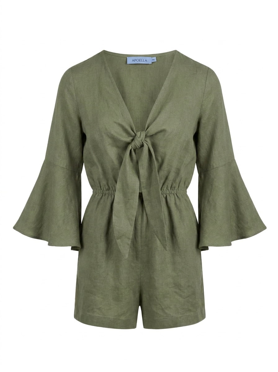 Penelope Bow Linen Playsuit Khaki – APOELLA