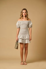 Skirts Apoella Nafsika Smocked Short Skirt Striped Khaki Apoella