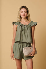 Tops Apoella Koko Ruffle Linen Top Khaki Apoella