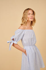 Dress Apoella Leto Linen Puff Sleeve Short Dress Striped Apoella