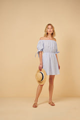 Dress Apoella Leto Linen Puff Sleeve Short Dress Striped Apoella