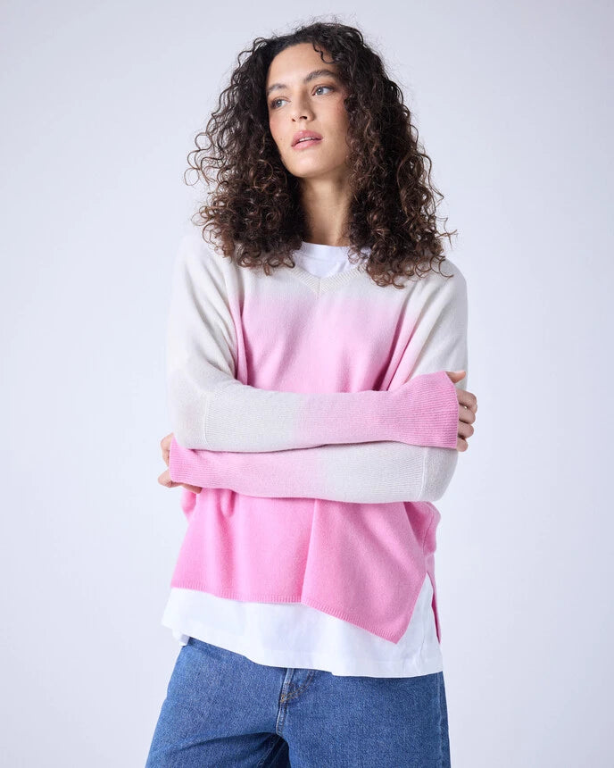 Millie Tie Dye V Neck Sweater Cream / Bubble Gum