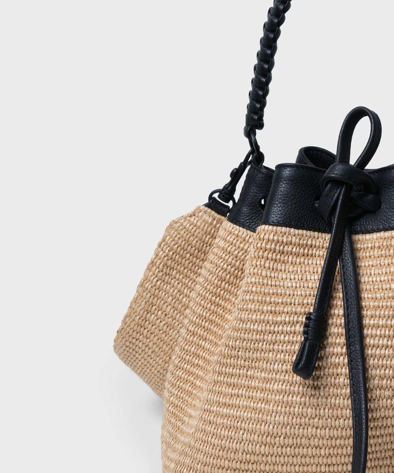 Bucket Bag Black Leather Straw Beige