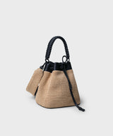 Bucket Bag Black Leather Straw Beige