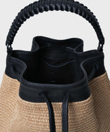 Bucket Bag Black Leather Straw Beige