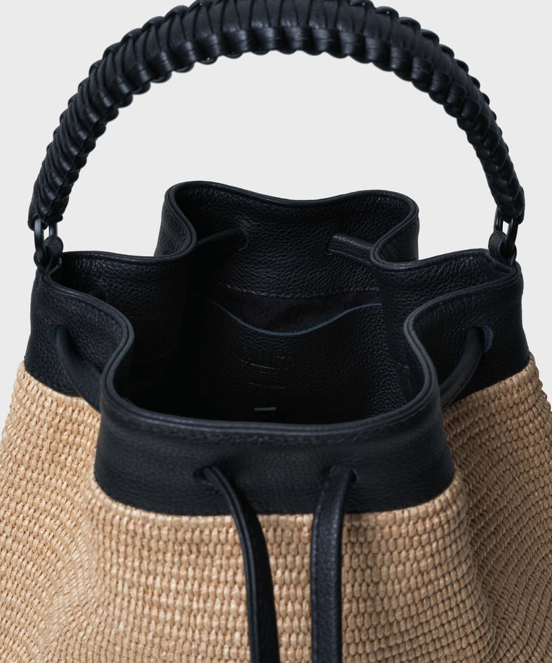 Bucket Bag Black Leather Straw Beige
