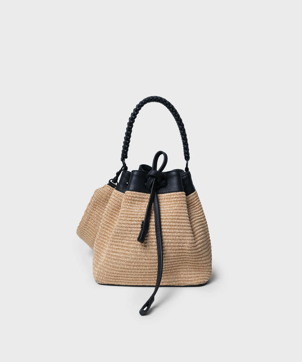 Bucket Bag Black Leather Straw Beige