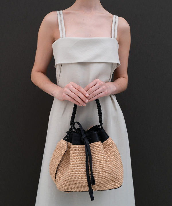 Bucket Bag Black Leather Straw Beige