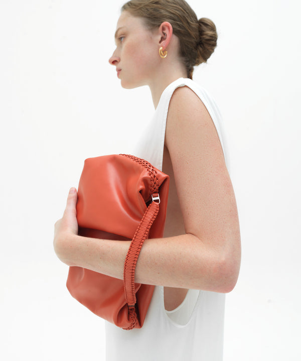 Pleated Clutch Smooth Leather Orange
