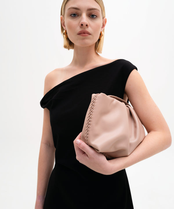 Pleated Clutch Smooth Leather Latte