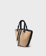 Mini Cassia Tote Black Leather Straw Beige