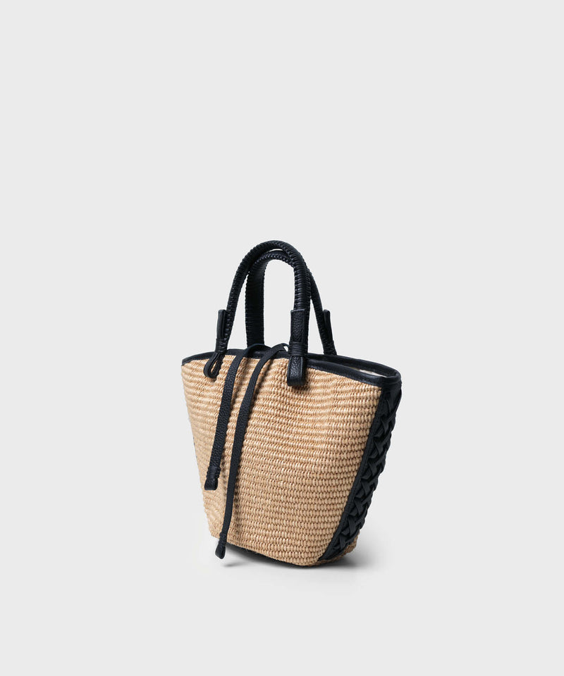 Mini Cassia Tote Black Leather Straw Beige