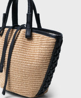 Mini Cassia Tote Black Leather Straw Beige